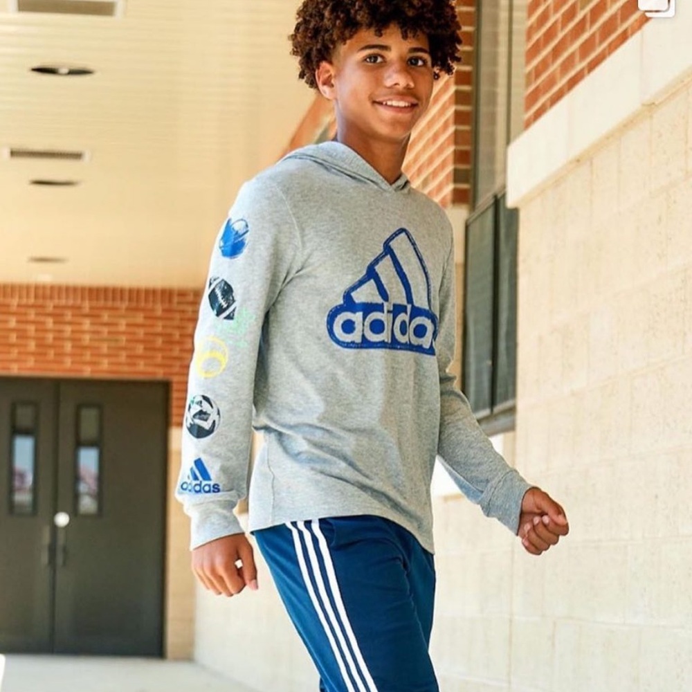 Adidas Heather Gray Hoodie with Blue Graphic